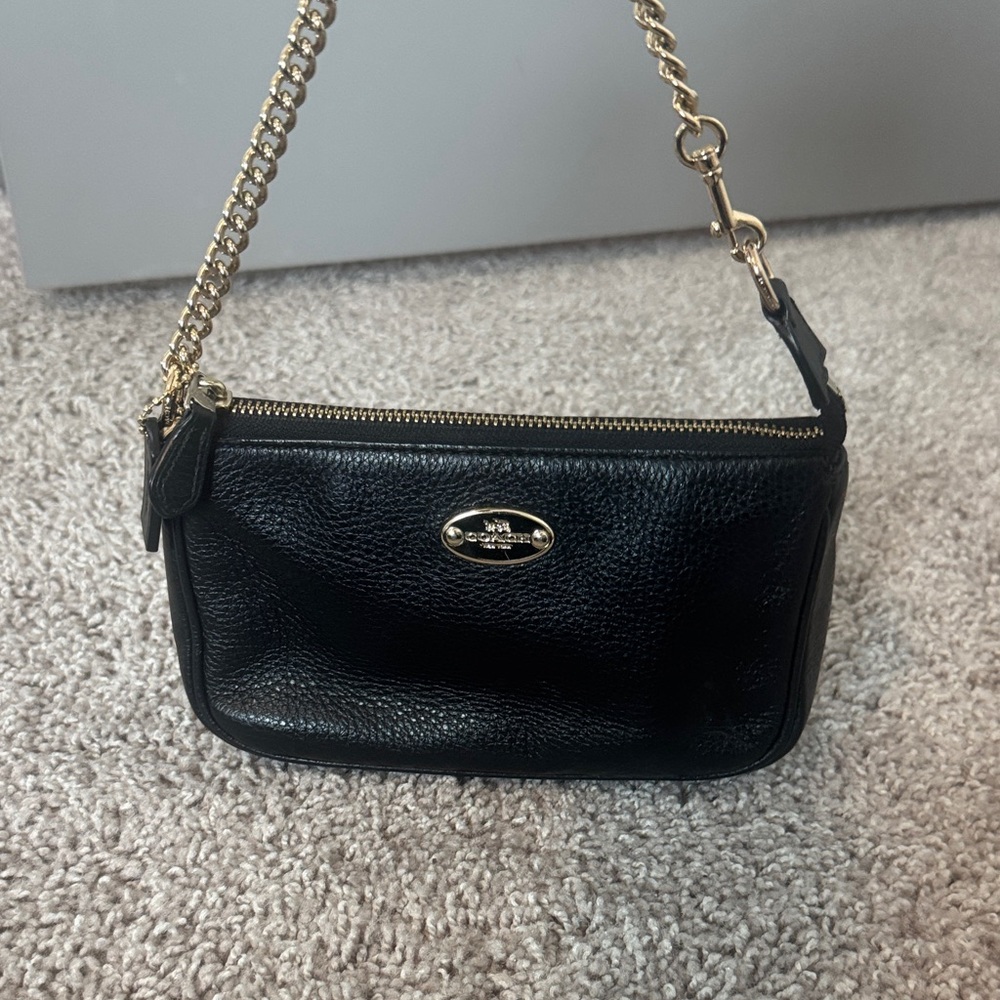 Coach Black Leather Shoulder Bag with Gold Chain